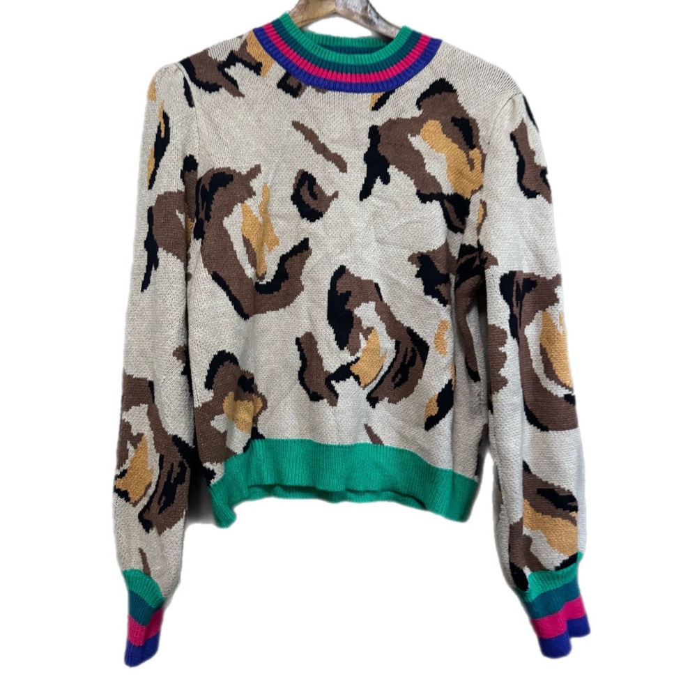 THML Leopard Print Sweater Womens Medium Beige Excellent Colorblock Mock Neck